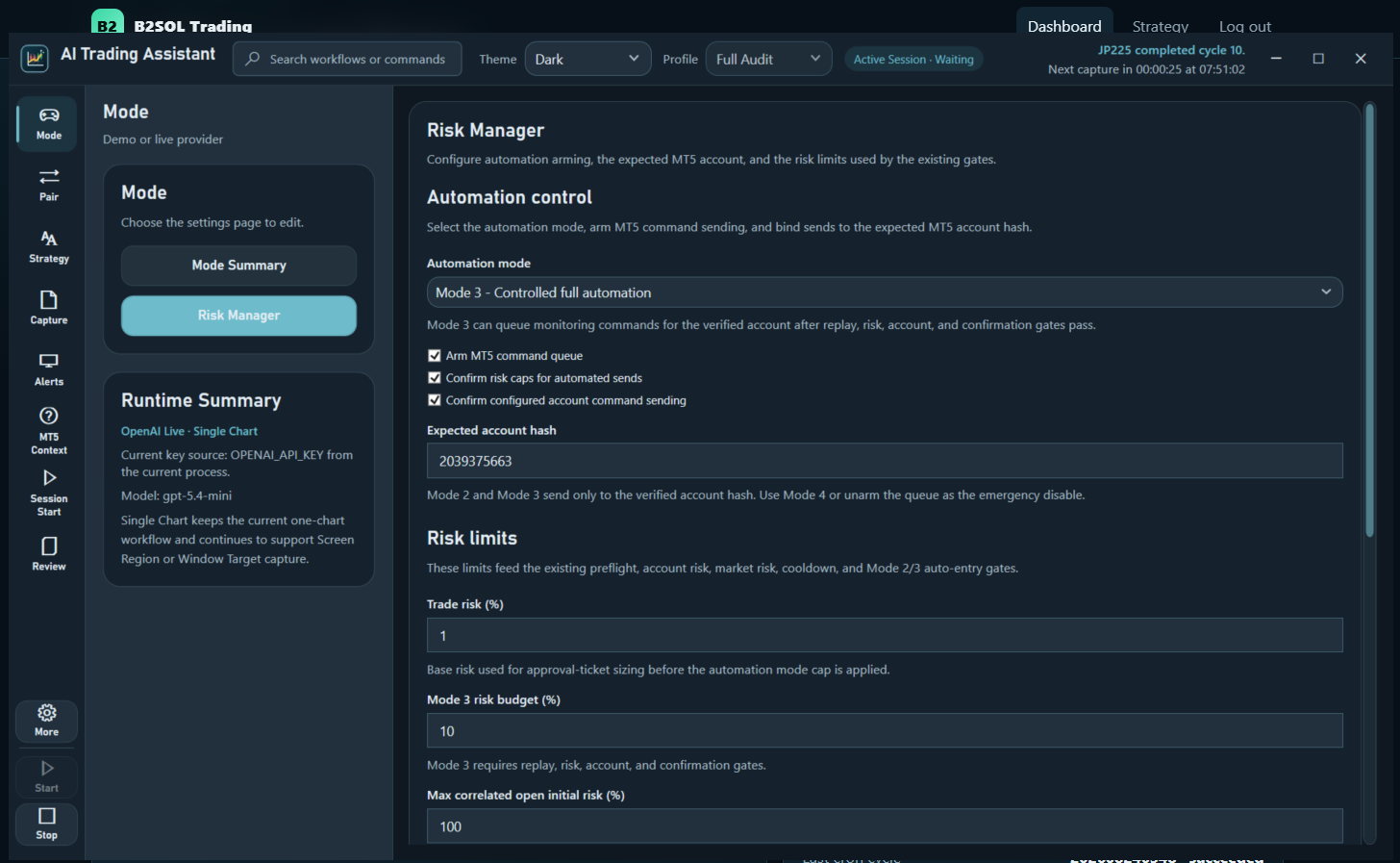 B2Sol AI trading risk manager showing account and trade limits